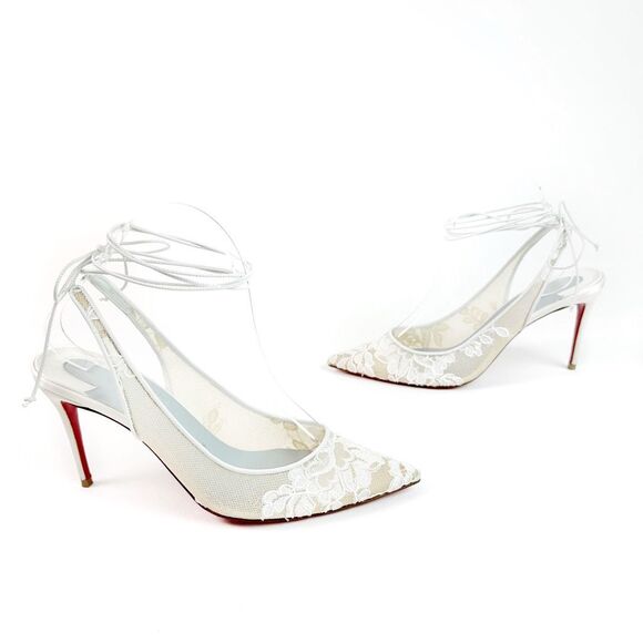 CHRISTIAN LOUBOUTIN White Kate Lace Pumps Size 38 US 8 Lace Up Satin Trim Heels - Picture 3 of 15